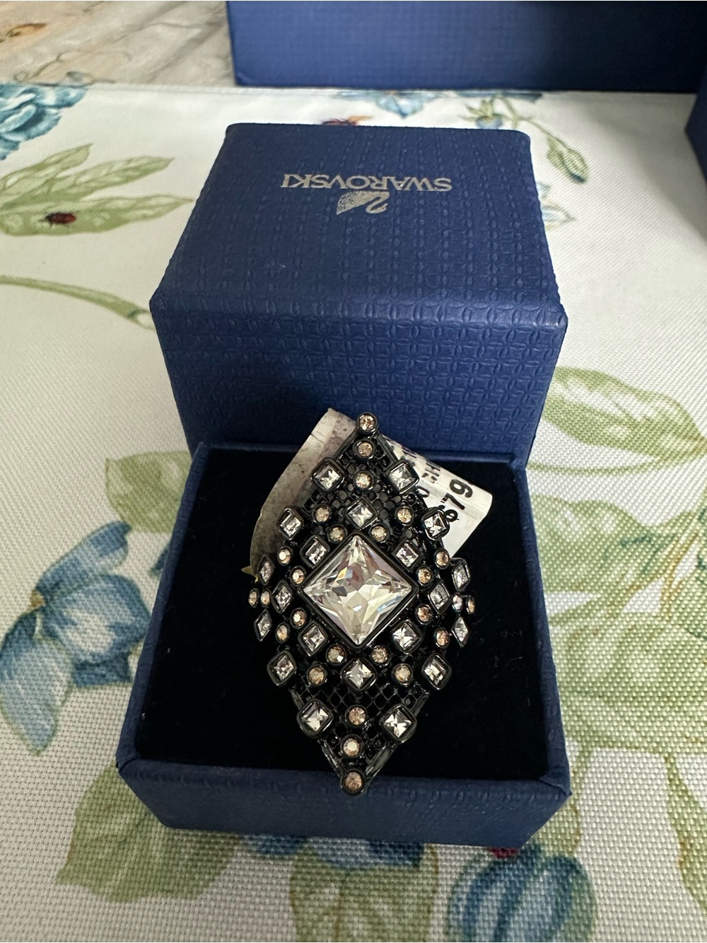 Swarovski Sienna Black and Clear Crystal Geometric Statement Ring - NIB - Sz 7